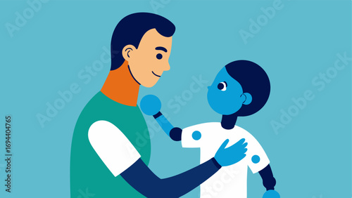Caring Touch A person gently lifts a child using a bionic arm symbolizing the emotional connection and everyday interactions facilitated by advanced technology.