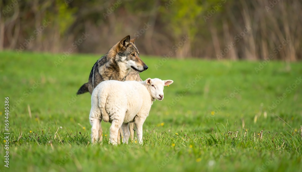 Obraz premium Wolf and lamb in a field