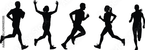Silhouettes of people running, jogging, exercising outdoors, male and female runners, fitness workout, active lifestyle, sports training vector design