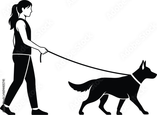 Woman walking a dog silhouette, outdoor activity concept, pet care, healthy lifestyle, leash training, black and white, flat vector illustration