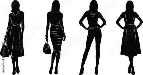 Elegant women silhouettes in stylish outfits, standing poses, modern fashion concept, confident female posture, handbag detail, isolated, flat vector illustration
