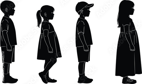 Silhouette of standing children in side view, boy and girl poses, casual clothing, child profile vector, isolated, flat vector illustration
