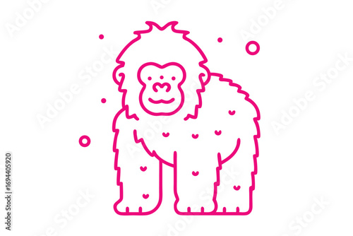 Pink outlined gorilla stands outlined against white background with three pink dots nearby looking forward