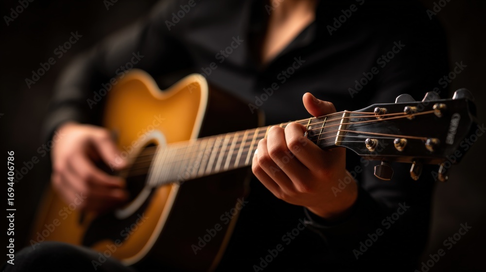 Fototapeta premium Guitarist Performing on Acoustic Guitar: Close-Up of Hands Playing Chords with Black Background for Music Production