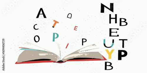 Open book with colorful letters flying out and scattered around on a light background