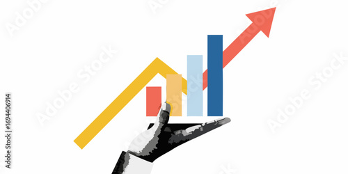 Robot hand holding a rising bar graph and arrow symbolizing financial growth and success