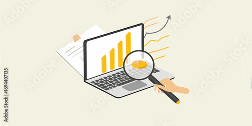 Analyzing financial growth charts on a laptop with a magnifying glass examining data points
