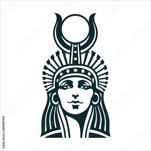 Hathor: Egyptian Goddess Icon, Cow Horns, Solar Disk Hathor Festival Cow eared goddess headdress in gold radiating solar motifs