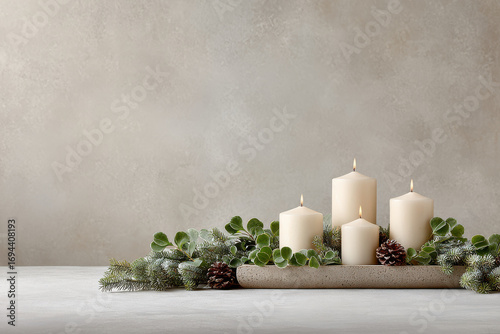 capture minimalist atmosphere of christmas celebration in usa featuring elegant arrangement of candles
