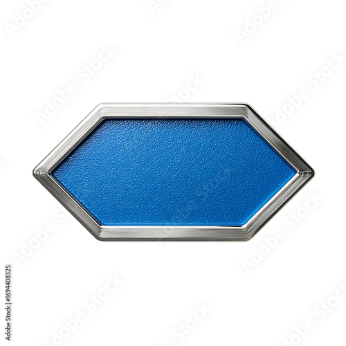 Closeup of a blue hexagon badge with a silver border isolated on transparent background.
