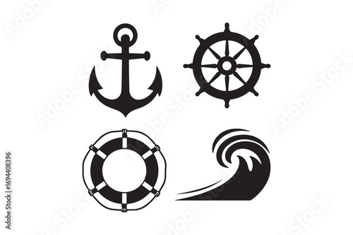 Nautical symbols anchor ship wheel life ring and wave icons