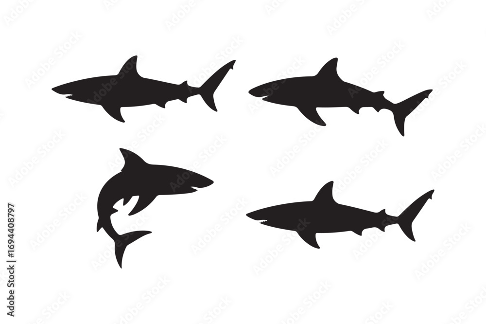 Fototapeta premium Silhouette collection of four different shark poses