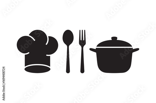 Chef s hat spoon fork and cooking pot icon