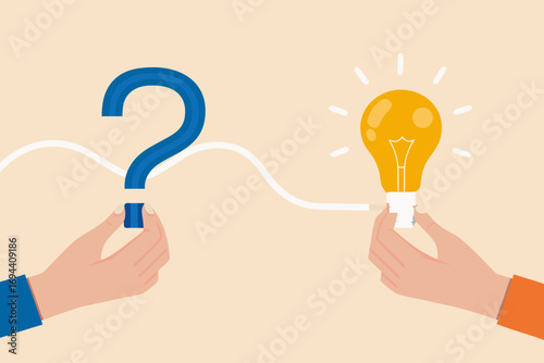 Connecting a question mark to a glowing light bulb representing finding solutions and generating ideas