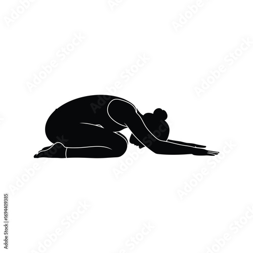Serene woman silhouette performing yoga child pose relaxation exercise vector