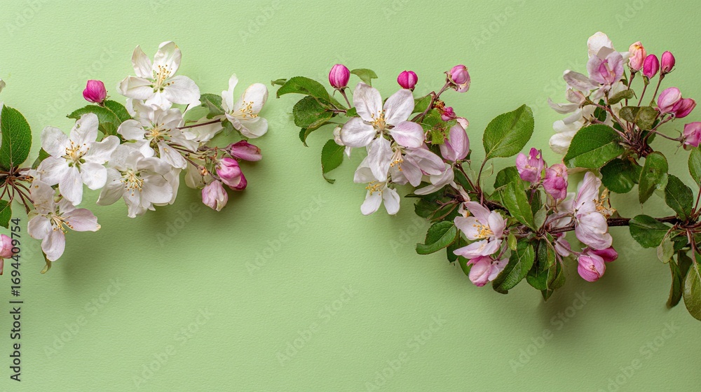 Obraz premium The flowers bloom against a fresh green background, leaving blank space for text; it showcases a realistic quality, presenting an ultra-detailed photorealistic floral artwork.