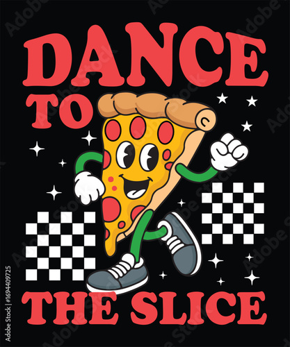 Retro 90s Cartoon Pizza Slice Mascot Fun Dancing Food Character Vector for Merch, Stickers and Branding