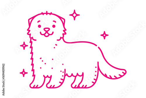 Pink shaggy dog outline stands amidst sparkling stars over a white background