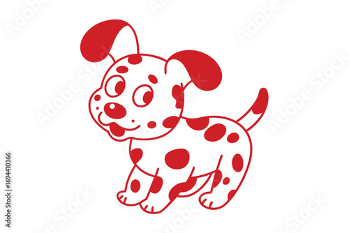 Playful cartoon dalmatian puppy happily stands outlined in red with spots on white background