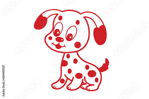 Playful cartoon dog outlined in red showcases a happy face and adorable spots on white