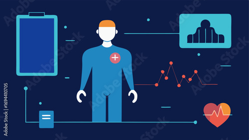 Biometrics Chart A graphical display of heart rate body temperature and respiratory rate plotted against time during the night with a figure studying the data on a tablet.