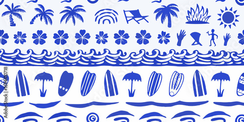 Seamless pattern of blue tropical beach vacation icons and motifs on white background