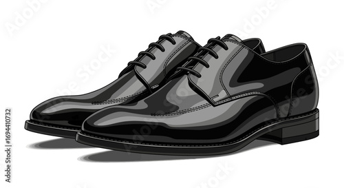 Shiny black leather dress shoes displayed, showcasing elegance and formal attire.