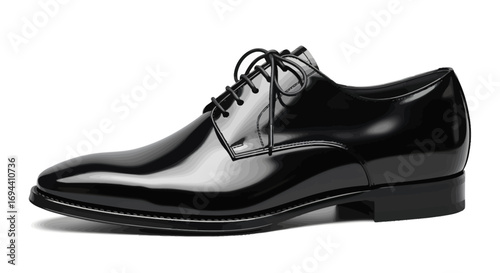 Polished black leather dress shoe,  side view,  isolated on white background.