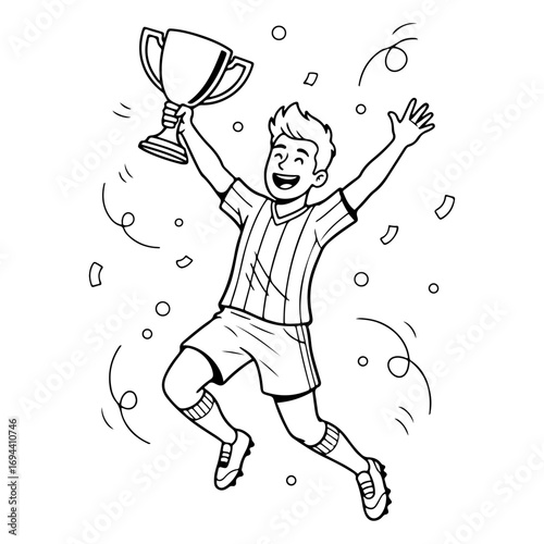 Football game winner's cheer: A smiling footballer holding a trophy celebrates his team's success. This image is perfect for sports, winning, and inspirational content.