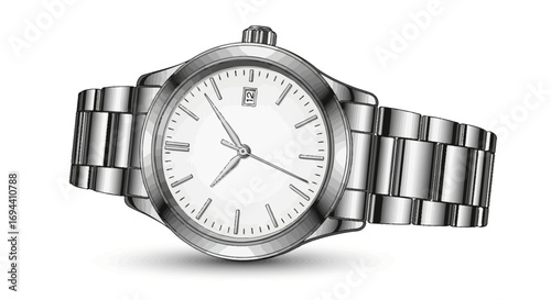 Sleek silver wristwatch with white face, classic design, metallic band.