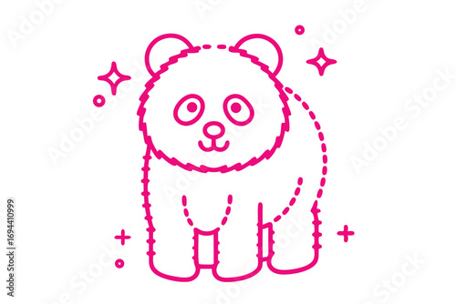 Playful cartoon panda cheerfully stands amidst pink stars, dots, and plus symbols in line artwork