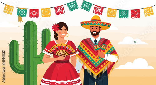 Vibrant Mexican couple in traditional attire, festive papel picado banners, and a saguaro cactus, celebrating cultural heritage with joy and authentic flair, embodying festive traditions