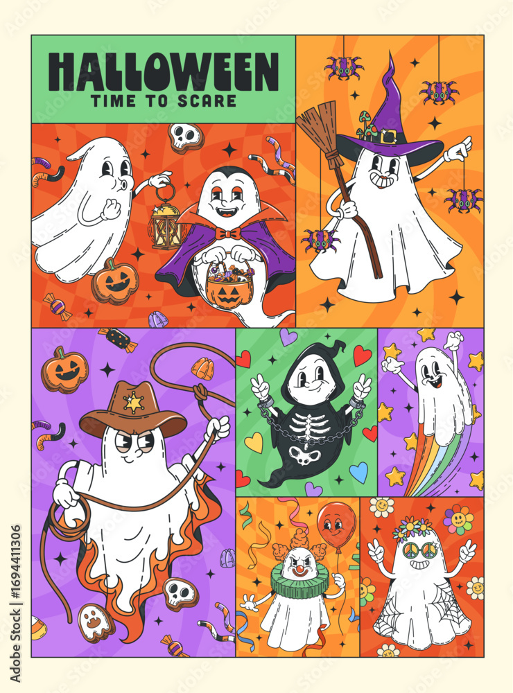 Obraz premium Halloween scary groovy characters posters. Playful retro collage featuring cute cartoon ghosts dressed as cowboys, hippie, spooky witch, vampire and clown, surrounded by candies, pumpkins and stars