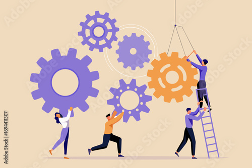 Teamwork and collaboration in business with people assembling gears for a successful project