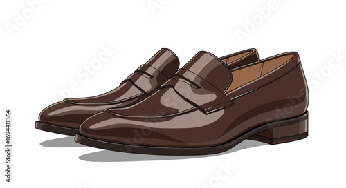 Polished brown leather men's loafers, classic penny loafer design, formal footwear.