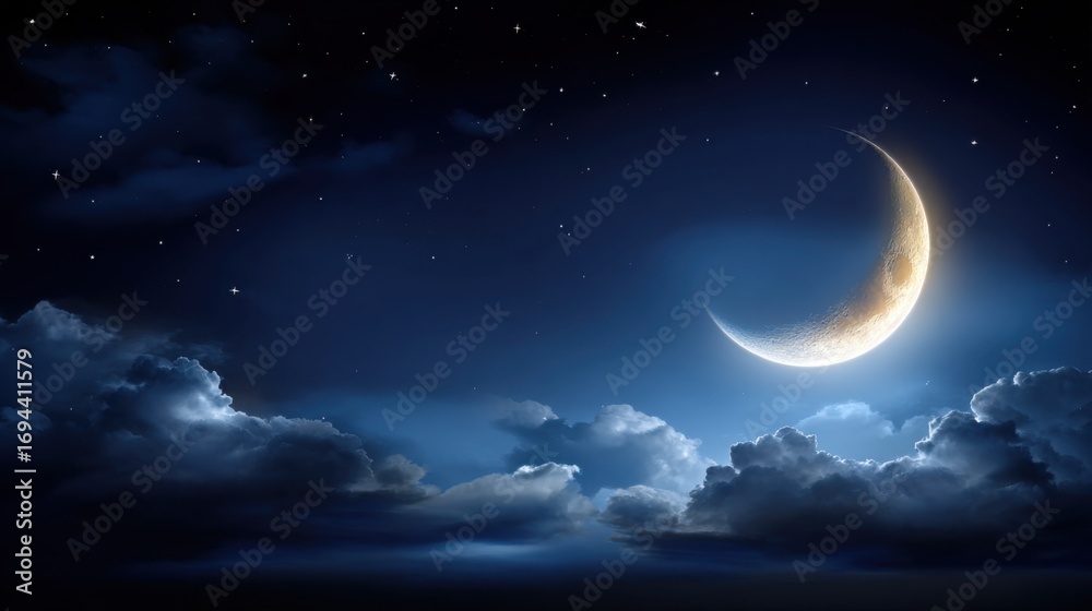Fototapeta premium Serene Night Sky with Crescent Moon and Wispy Clouds