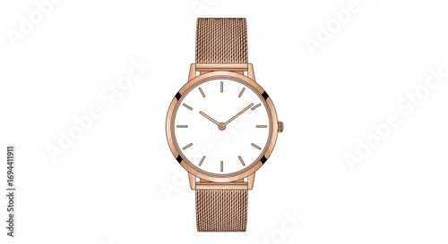 Minimalist rose gold women's wristwatch with a beige mesh band and a clean white face.