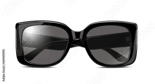 A pair of black, oversized sunglasses with dark lenses and a thick frame, presented against a white background.