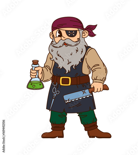 Pirate or Caribbean corsair cartoon character with poison bottle, vector groovy personage. Caribbean pirate or seaman sailor and corsair barber cartoon character with eye patch, blade and scissors