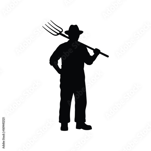 Farmer silhouette holding pitchfork emblem working agriculture rural lifestyle symbol vector