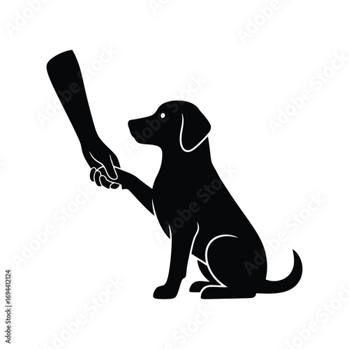 Loyal dog shaking hand with human connection friendship support silhouette vector