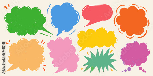 Collection of colorful hand drawn speech bubbles and thought clouds for communication and ideas