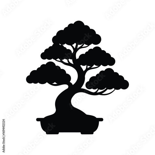 Silhouette of a stylized japanese bonsai tree in a planter for decorative use vector
