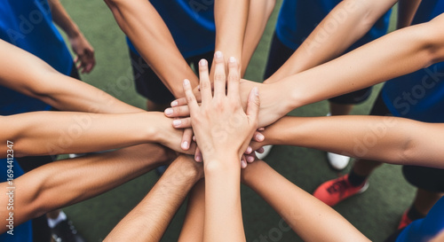 A diverse group of people's hands clasped together in a circle, symbolizing unity, teamwork, and shared purpose on a sports field.