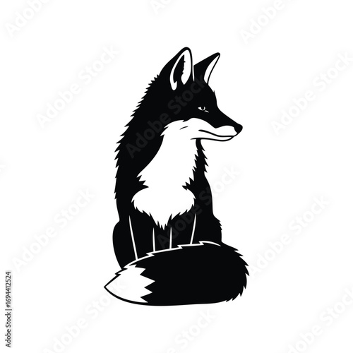Stylized black fox sitting tail fluffy silhouette minimalist animal art vector