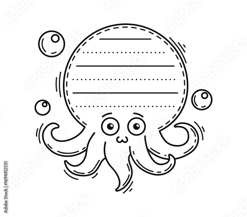Kids memo note frame with funny cute octopus animal with big eyes and swirling tentacles, surrounded by bubbles. Charming undersea kraken with rounded head contains lined space for writing messages