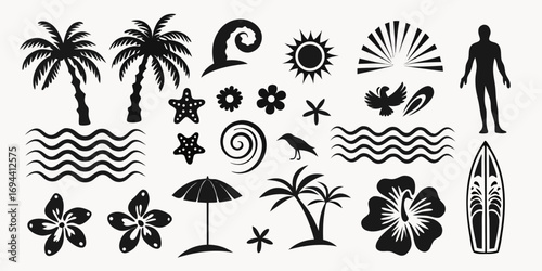 Collection of beach and tropical island themed silhouette icons and elements