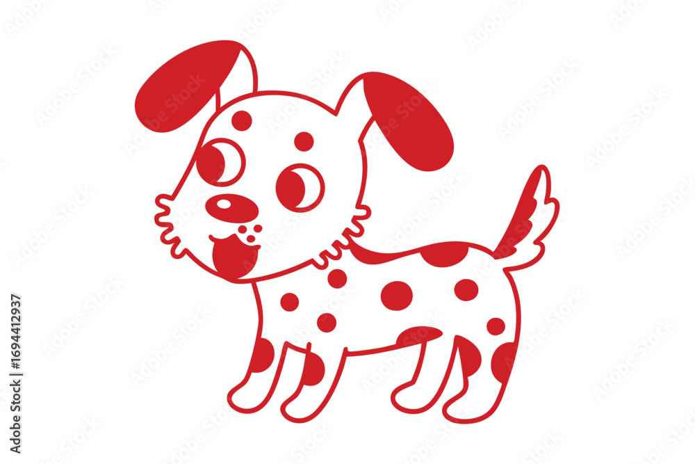 Naklejka premium Playful red dotted puppy smiles happily with tail wagging on white background creating cheerful scene