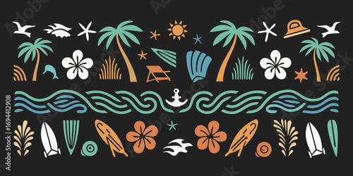 Tropical beach vacation elements collection with palm trees sun ocean waves and surfboards