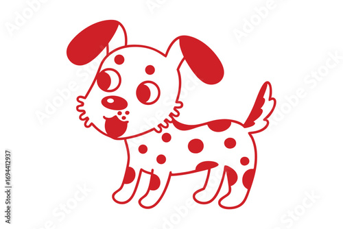 Playful red dotted puppy smiles happily with tail wagging on white background creating cheerful scene